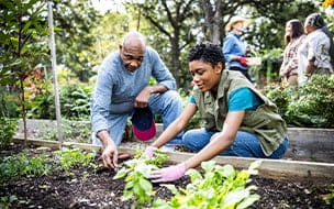 A father and his adult daughter working in a community garden
